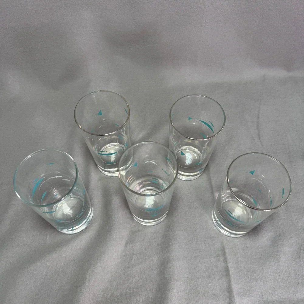 Libbey Mediterranean Atomic Fish Glass Tumblers Aqua MCM Drinking Glass Set of 5